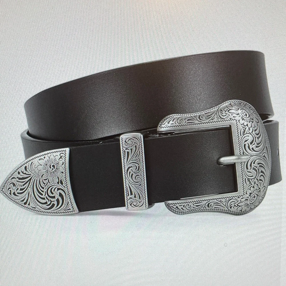 Men’s Western Leather Belt with Engraved Silver Buckle Set – Rodeo Cowboy Style